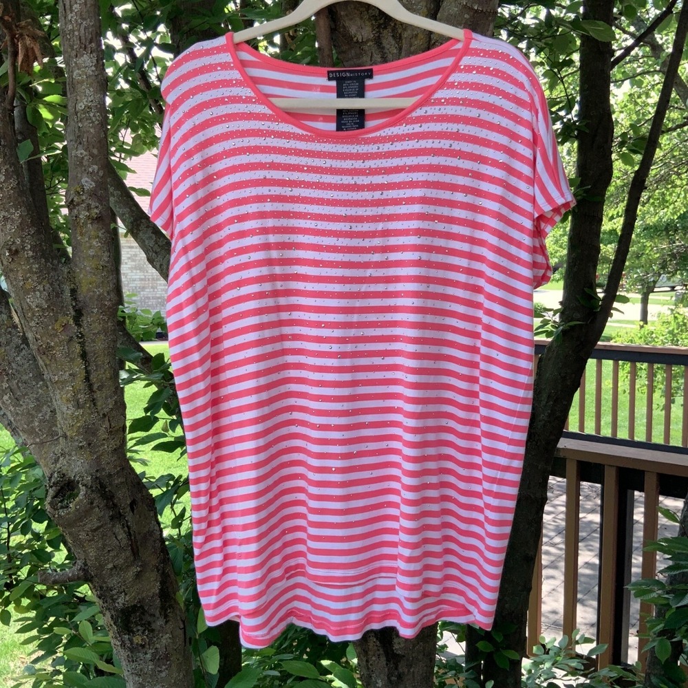Design History Striped Stretchy Rhinestone Tunic Top Coral White Short Sleeve XL